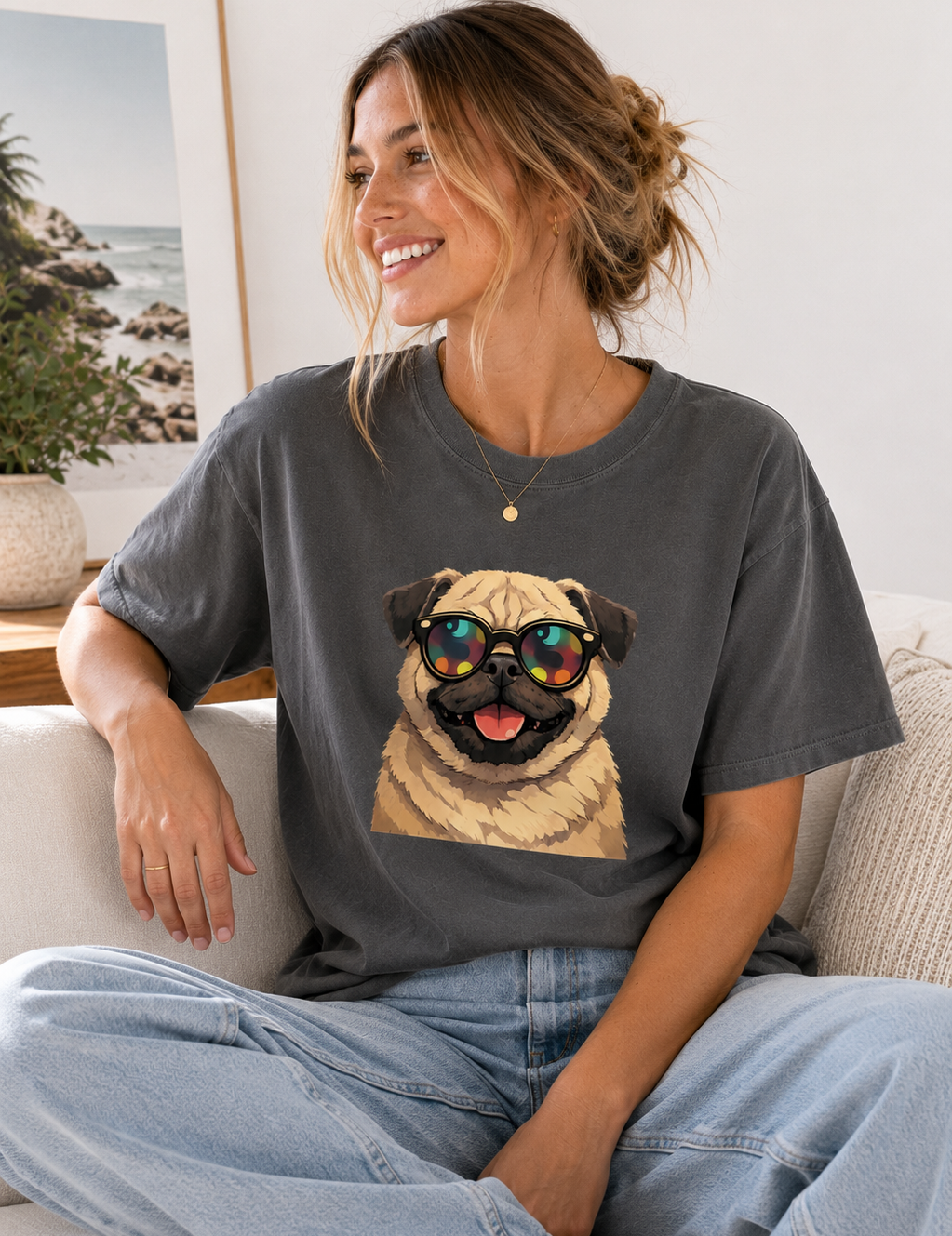 Woman wearing a gray t-shirt with a pug graphic sitting on a couch.