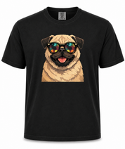 Black t-shirt with a pug wearing sunglasses graphic on a white background