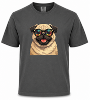 Gray t-shirt with a pug wearing sunglasses graphic on a white background