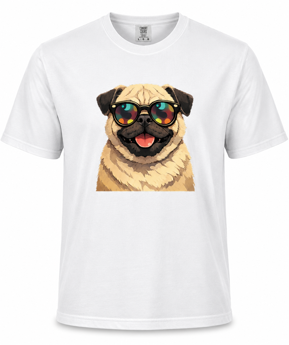 White t-shirt with a graphic of a pug wearing sunglasses on a white background
