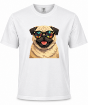 White t-shirt with a graphic of a pug wearing sunglasses on a white background