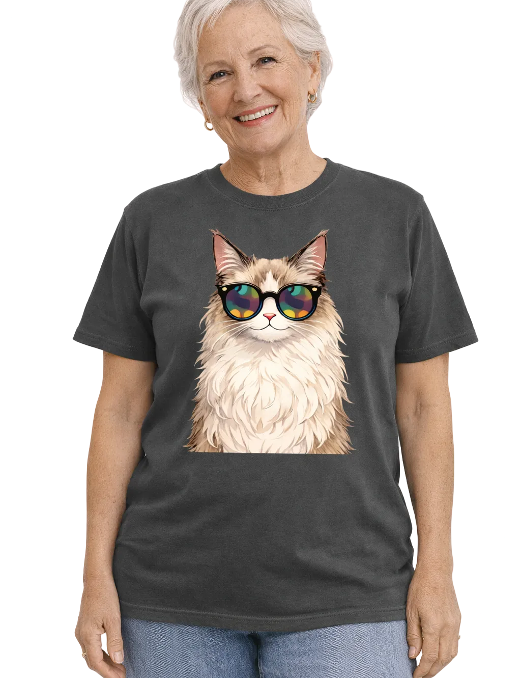 Person wearing a t-shirt with a cat graphic and sunglasses on a plain background