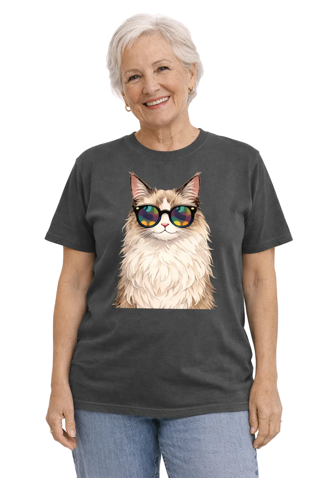 Person wearing a t-shirt with a cat graphic and sunglasses on a plain background