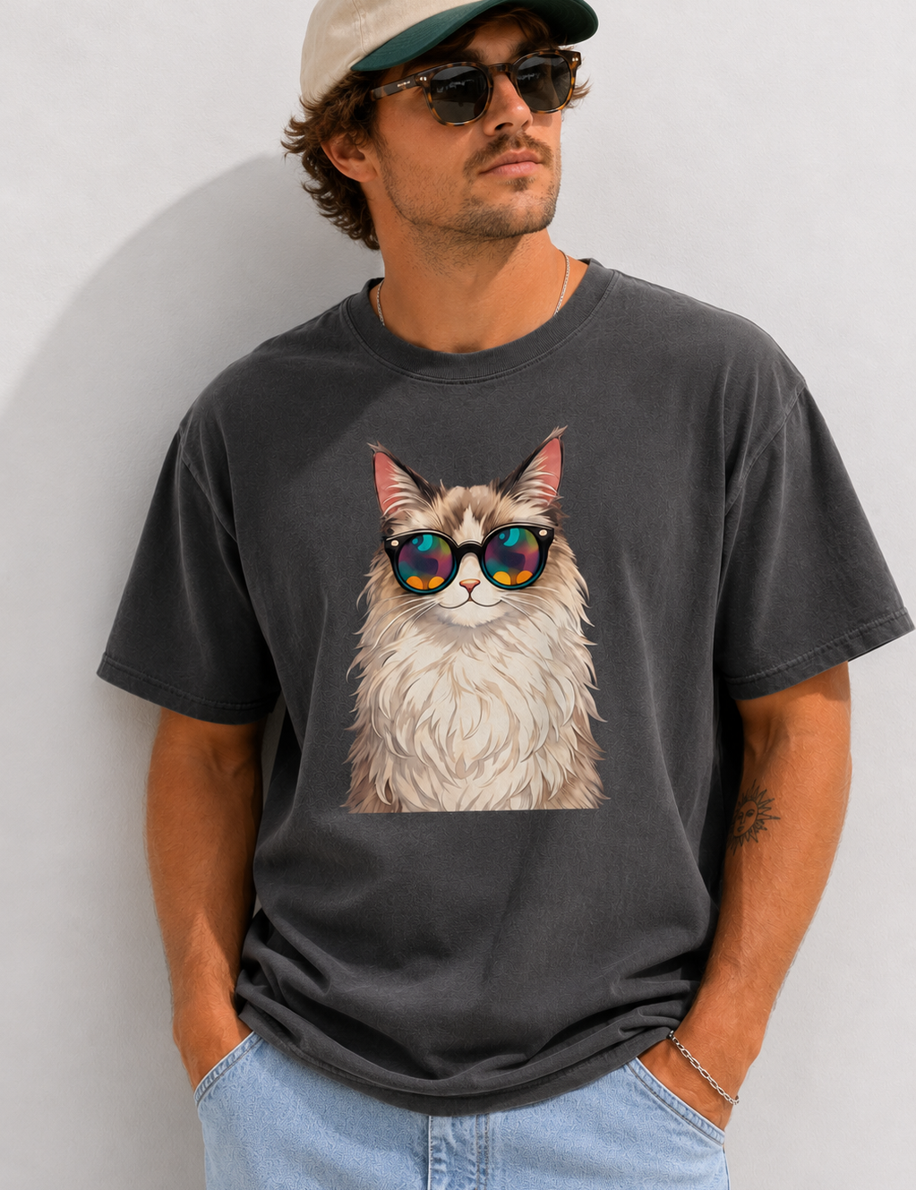 Man wearing a black t-shirt with a cat graphic and sunglasses against a plain background