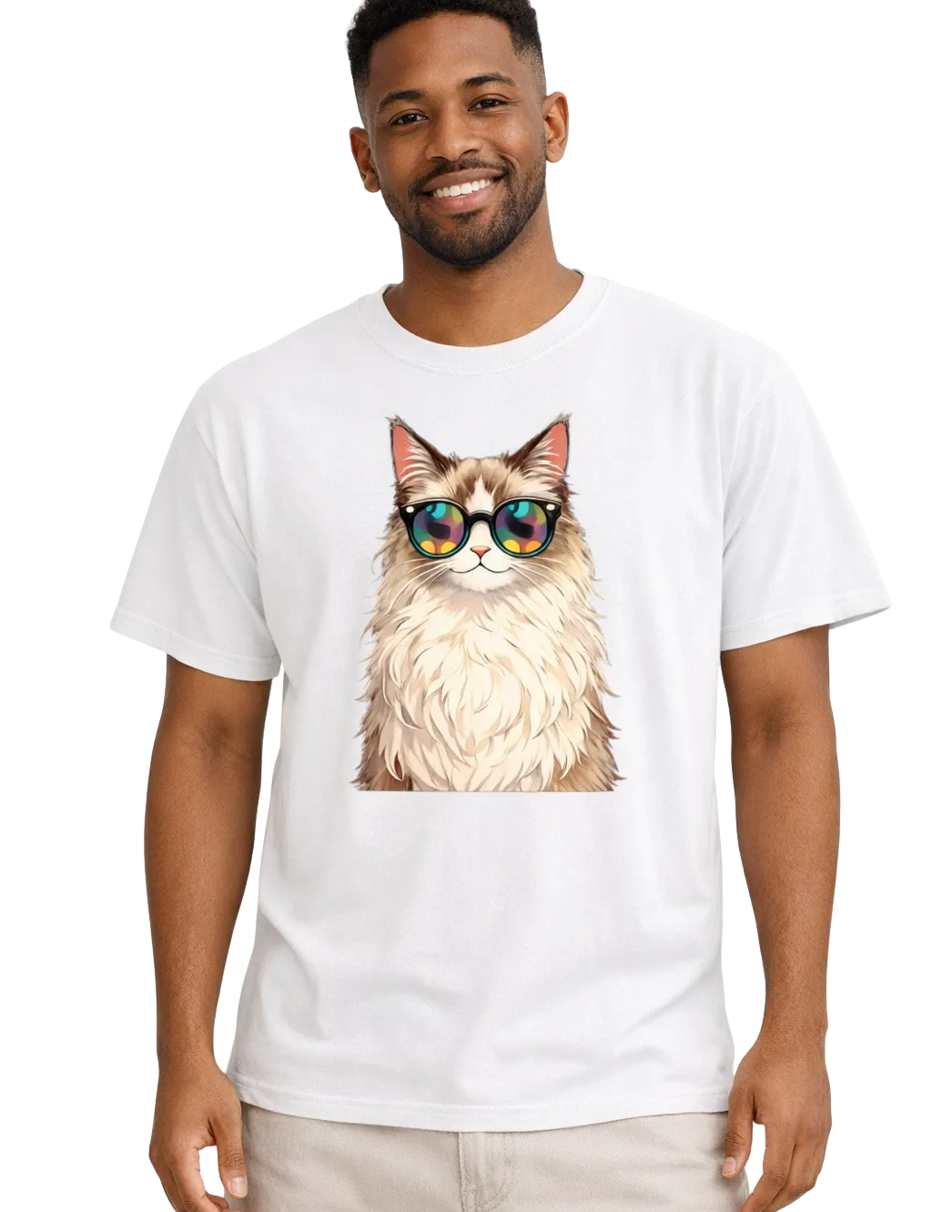 Man wearing a white t-shirt with a cat graphic design featuring sunglasses on a white background