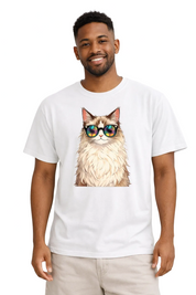 Man wearing a white t-shirt with a cat graphic design featuring sunglasses on a white background