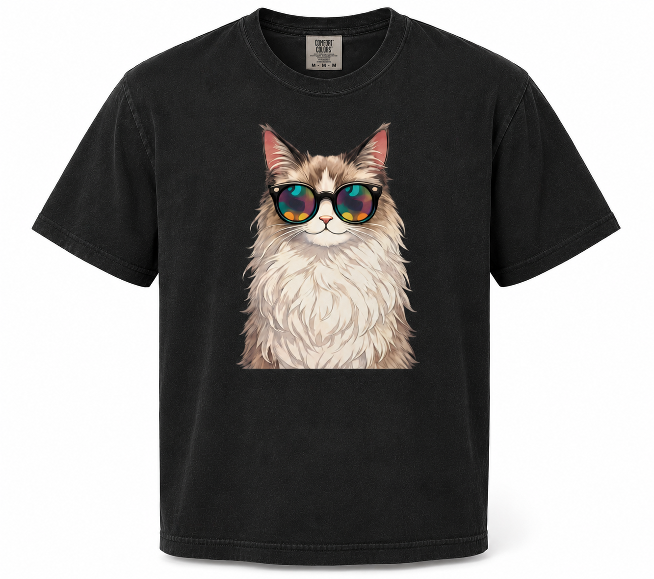 Black t-shirt with a cat wearing sunglasses graphic on a white background
