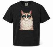 Black t-shirt with a cat wearing sunglasses graphic on a white background