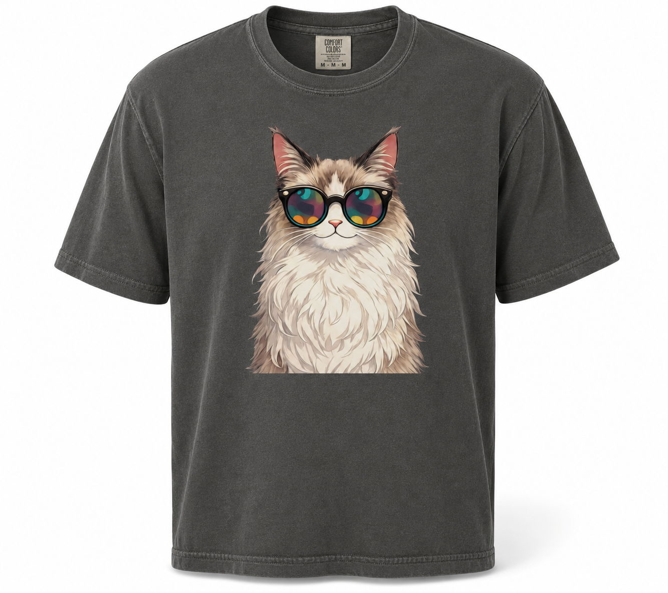 Gray t-shirt with a cat wearing sunglasses graphic on a white background