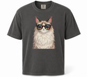 Gray t-shirt with a cat wearing sunglasses graphic on a white background