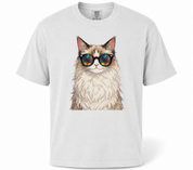 White t-shirt with a cat wearing sunglasses graphic on a white background
