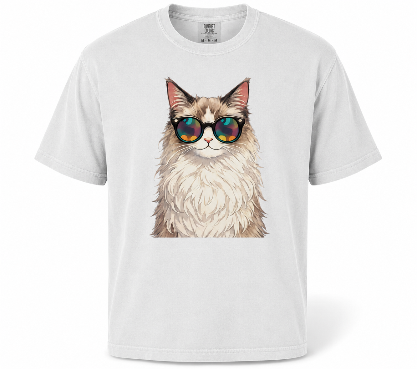 White t-shirt with a cat wearing sunglasses graphic on a white background