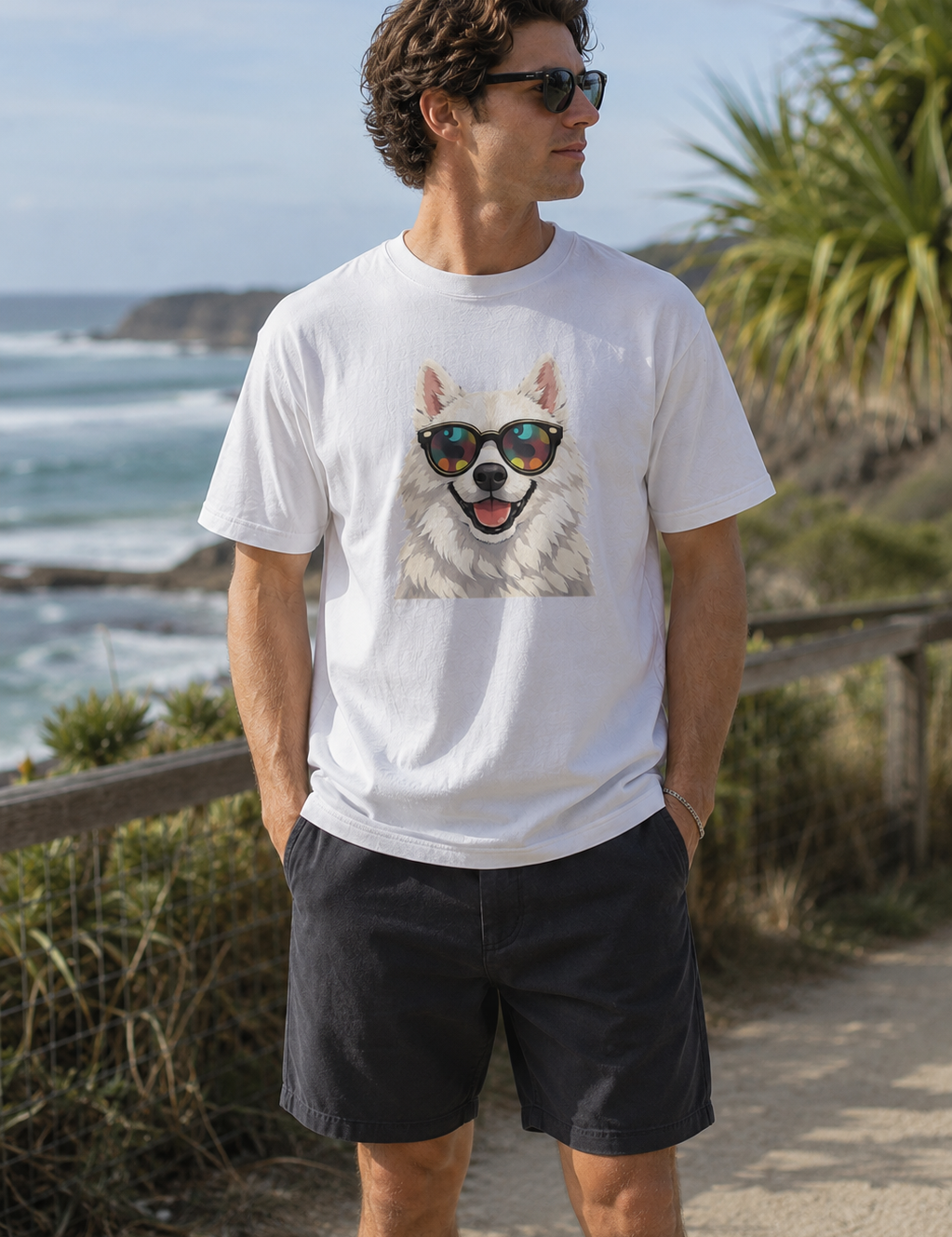 Man wearing a white t-shirt with a dog graphic in sunglasses by the ocean.