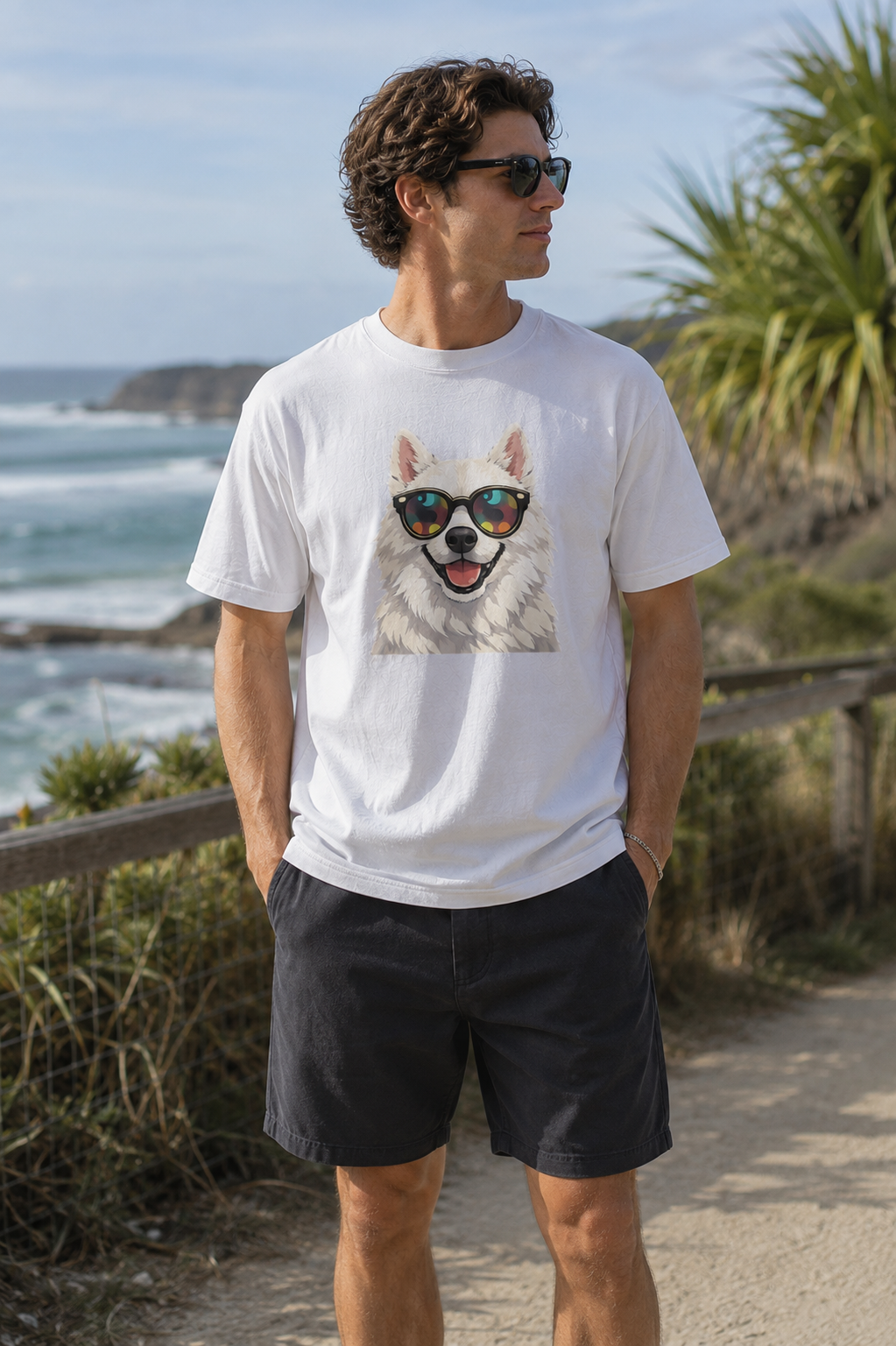Man wearing a white t-shirt with a dog graphic in sunglasses by the ocean.