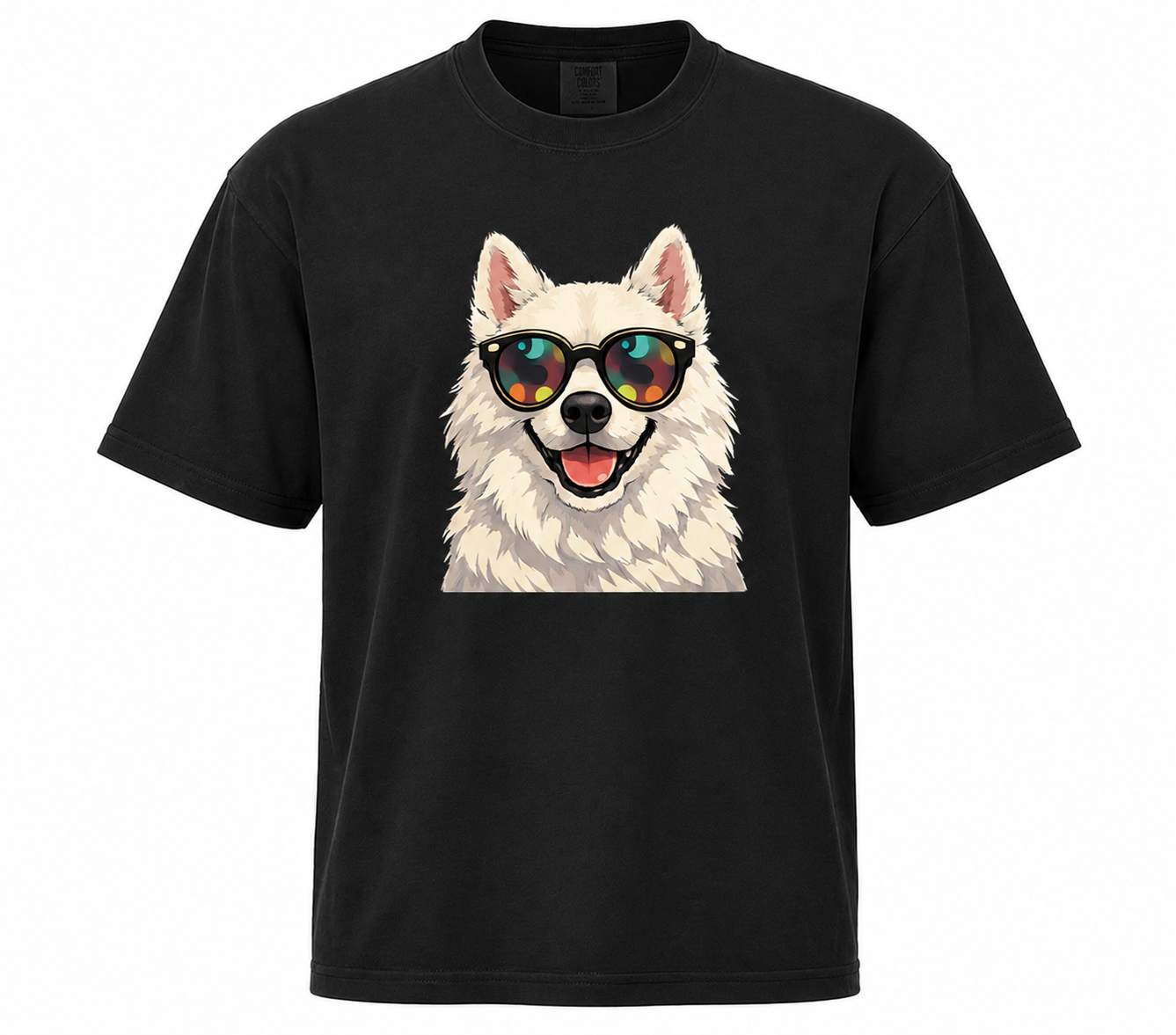 Black t-shirt with a graphic of a dog wearing sunglasses on a white background