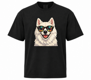 Black t-shirt with a graphic of a dog wearing sunglasses on a white background