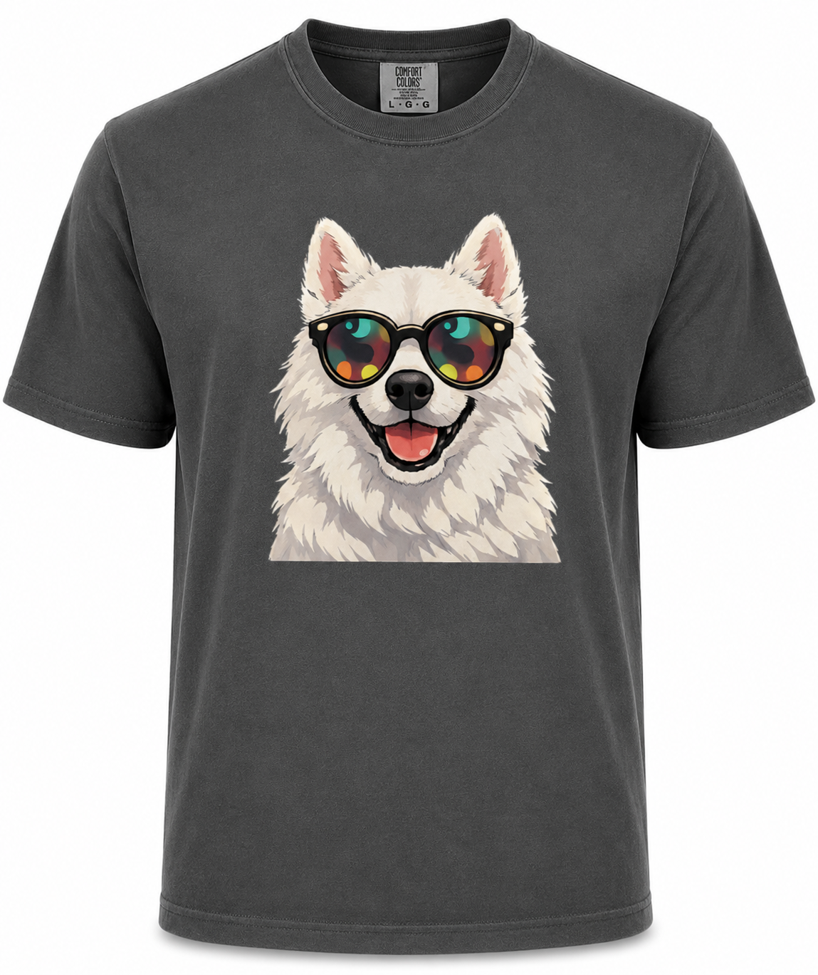 Gray t-shirt with a graphic of a dog wearing sunglasses on a white background