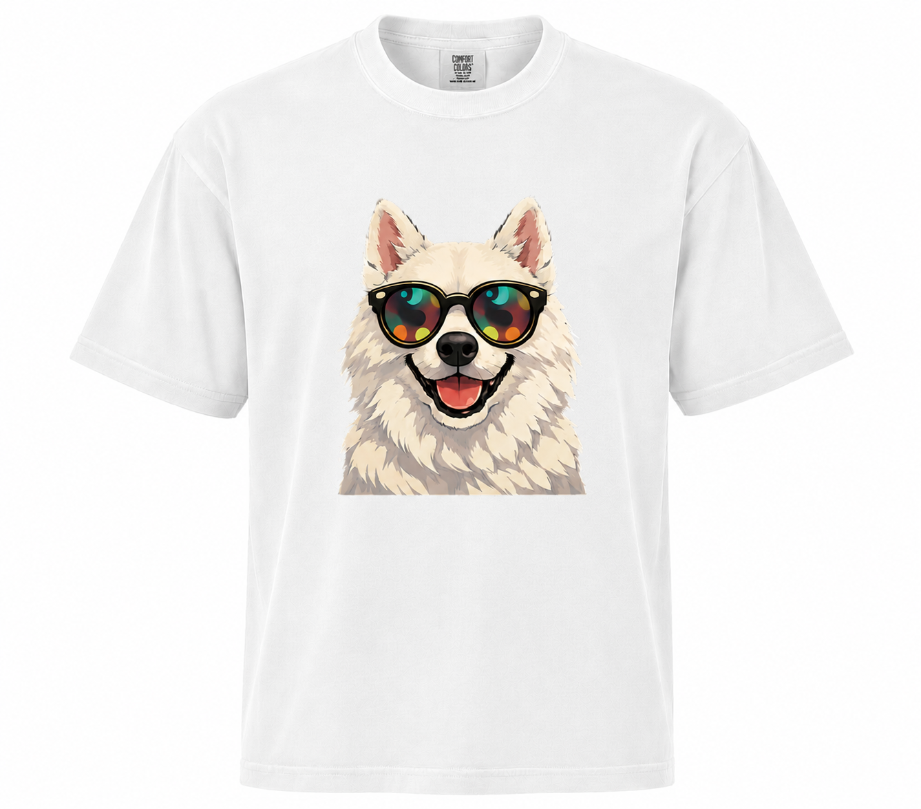 White t-shirt with a dog wearing sunglasses graphic on a white background