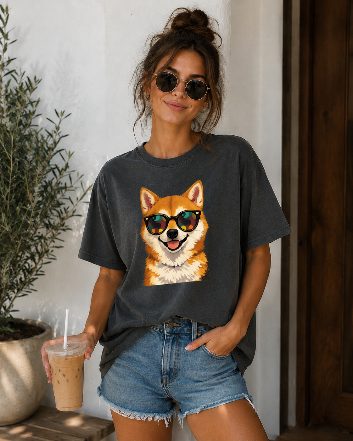 Woman wearing a dark gray t-shirt with a dog graphic holding iced coffee.