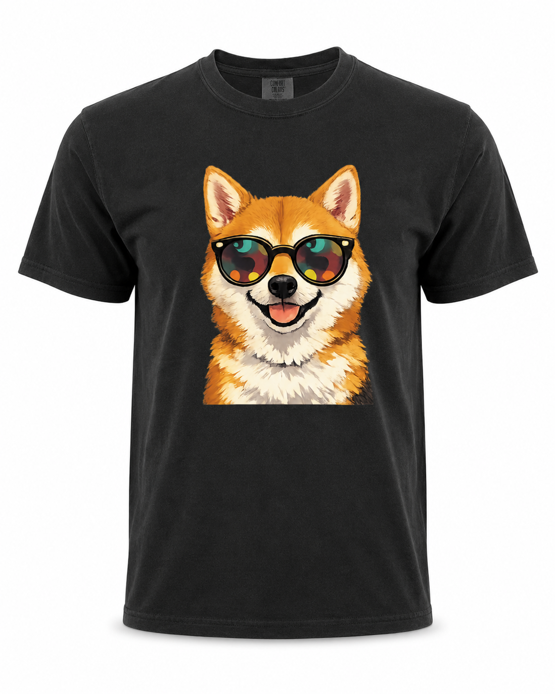 Black t-shirt with a dog wearing sunglasses graphic on a white background