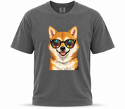 Gray t-shirt with a dog wearing sunglasses graphic on a white background