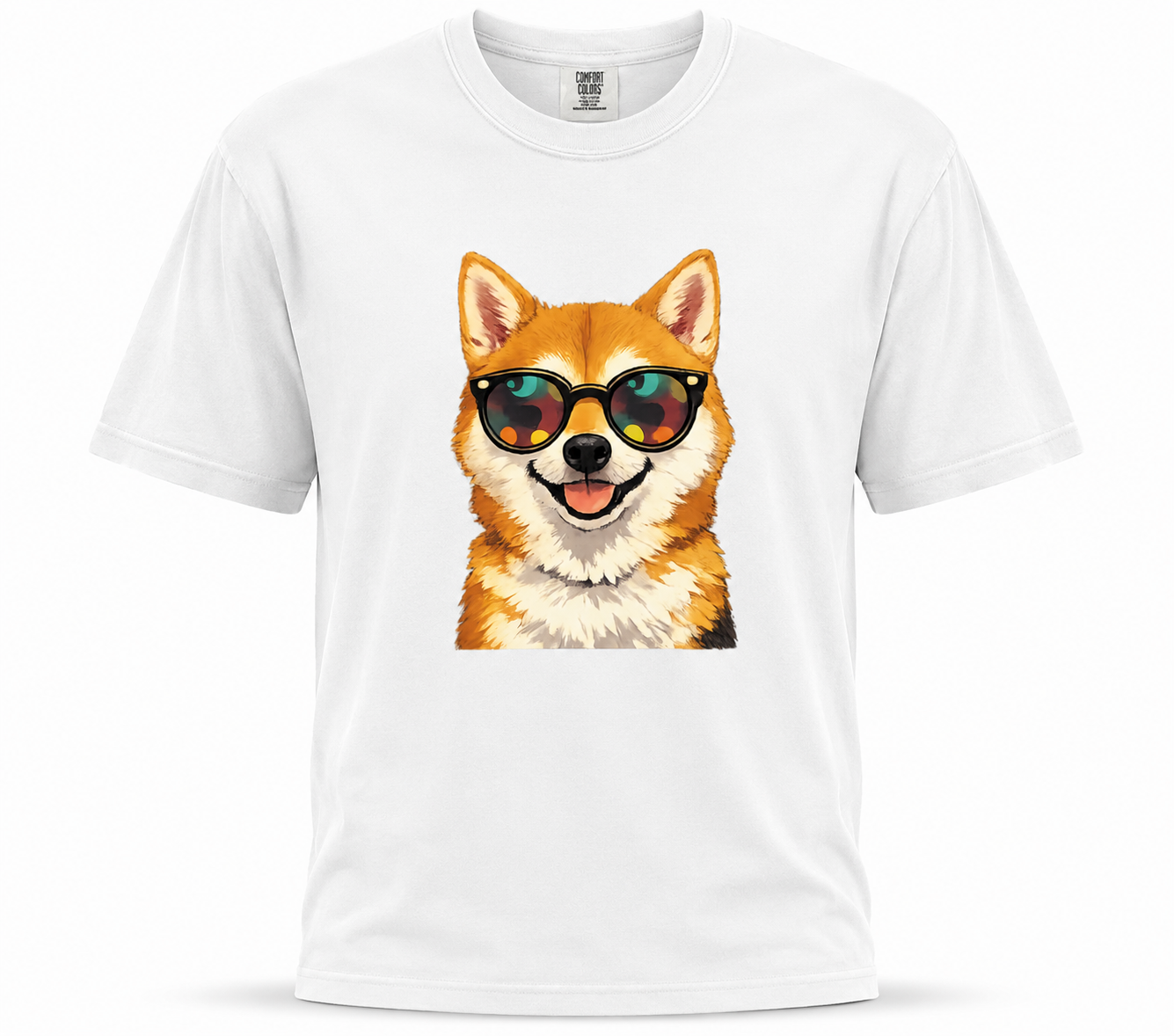 White t-shirt with a dog wearing sunglasses graphic on a white background