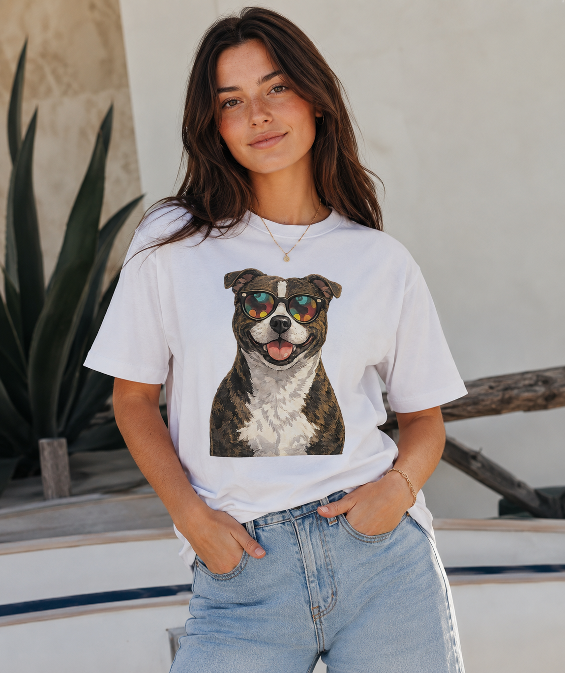Person wearing a white t-shirt with a dog graphic and sunglasses in an outdoor setting.