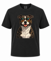 Black t-shirt with a dog wearing sunglasses graphic on a white background