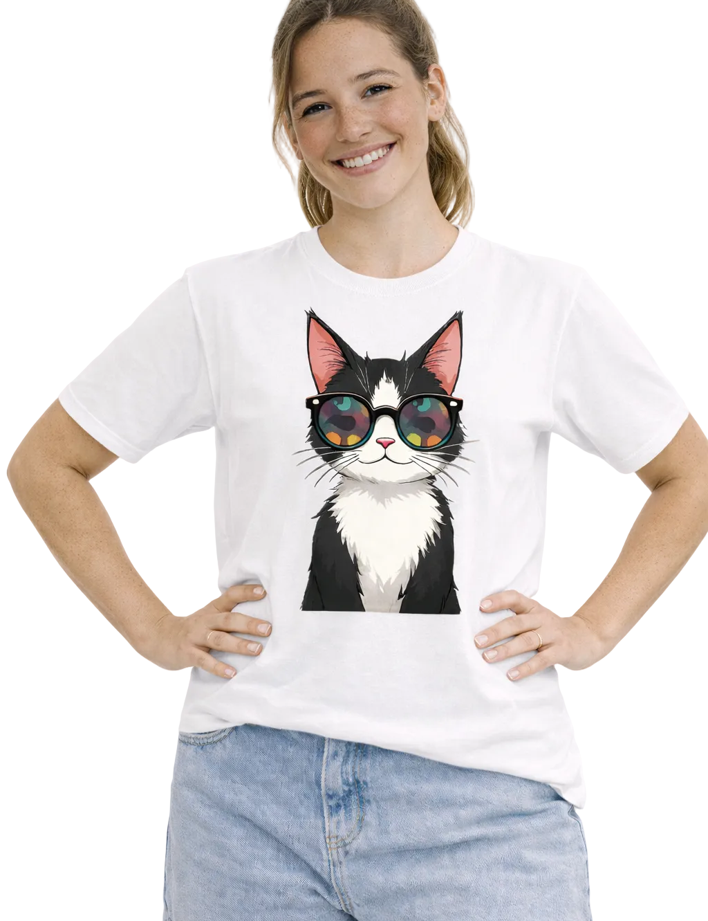 Person wearing a white t-shirt with a cat graphic and sunglasses on a white background