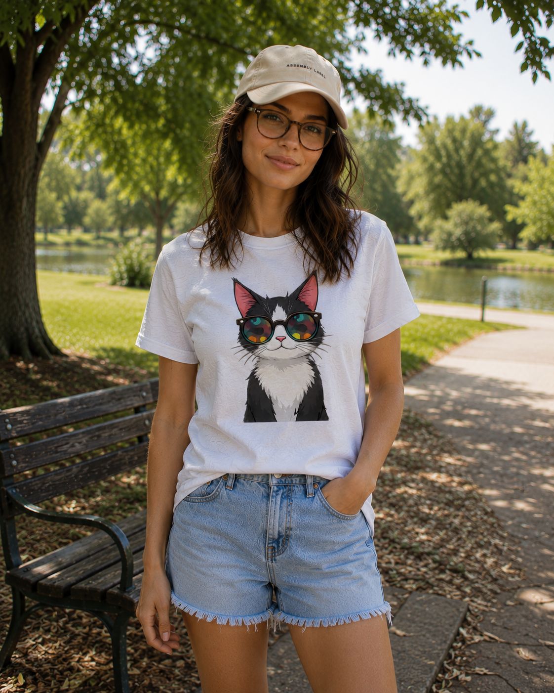 Woman wearing a white t-shirt with a colorful cat graphic and denim shorts in a park.