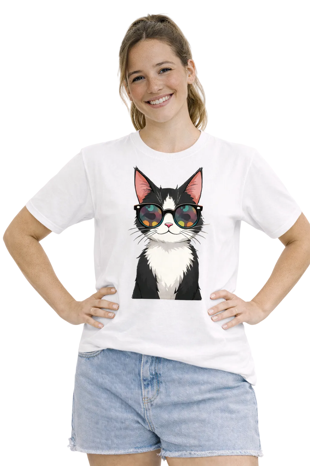 Person wearing a white t-shirt with a cat graphic and sunglasses on a white background