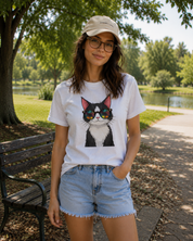 Woman wearing a white t-shirt with a colorful cat graphic and denim shorts in a park.