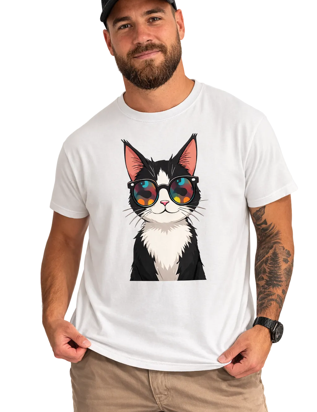 Man wearing a white t-shirt with a cat graphic and sunglasses design.