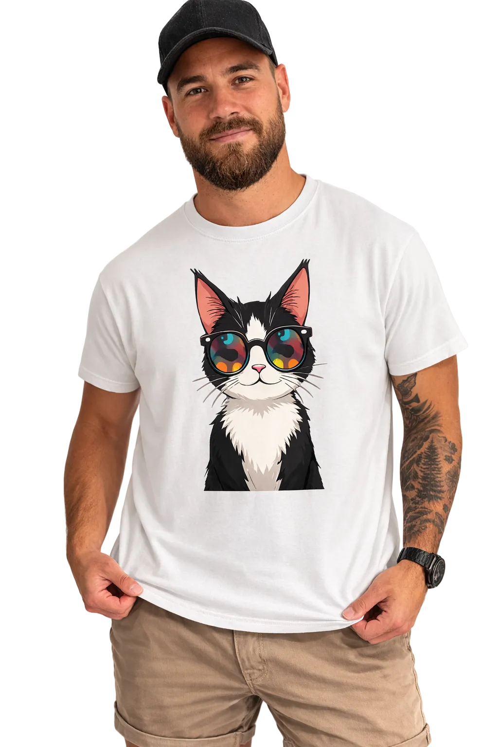 Man wearing a white t-shirt with a cat graphic and sunglasses design.