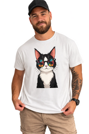 Man wearing a white t-shirt with a cat graphic and sunglasses design.