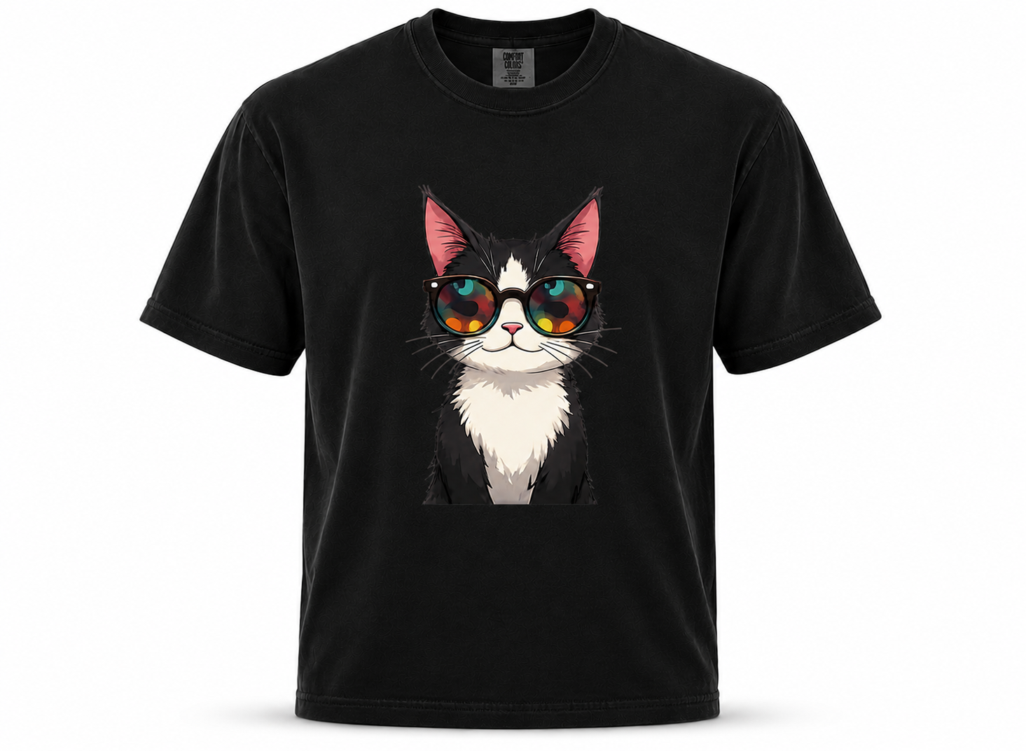 Black t-shirt with a cat wearing sunglasses design on a white background