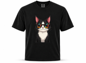 Black t-shirt with a cat wearing sunglasses design on a white background