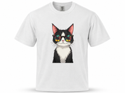 White t-shirt with a graphic of a cat wearing sunglasses on a white background