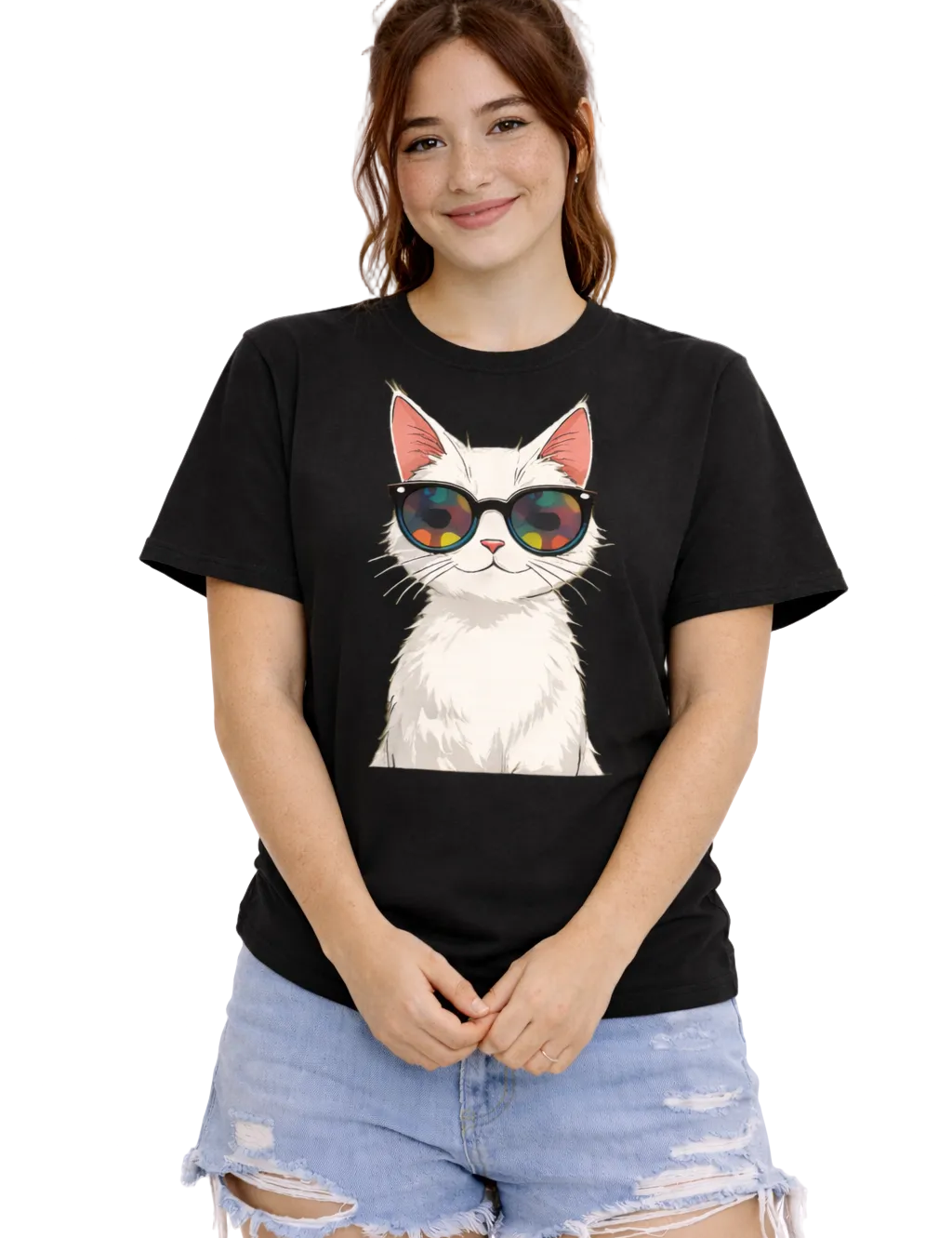 Person wearing a black t-shirt with a cat graphic and sunglasses on a white background