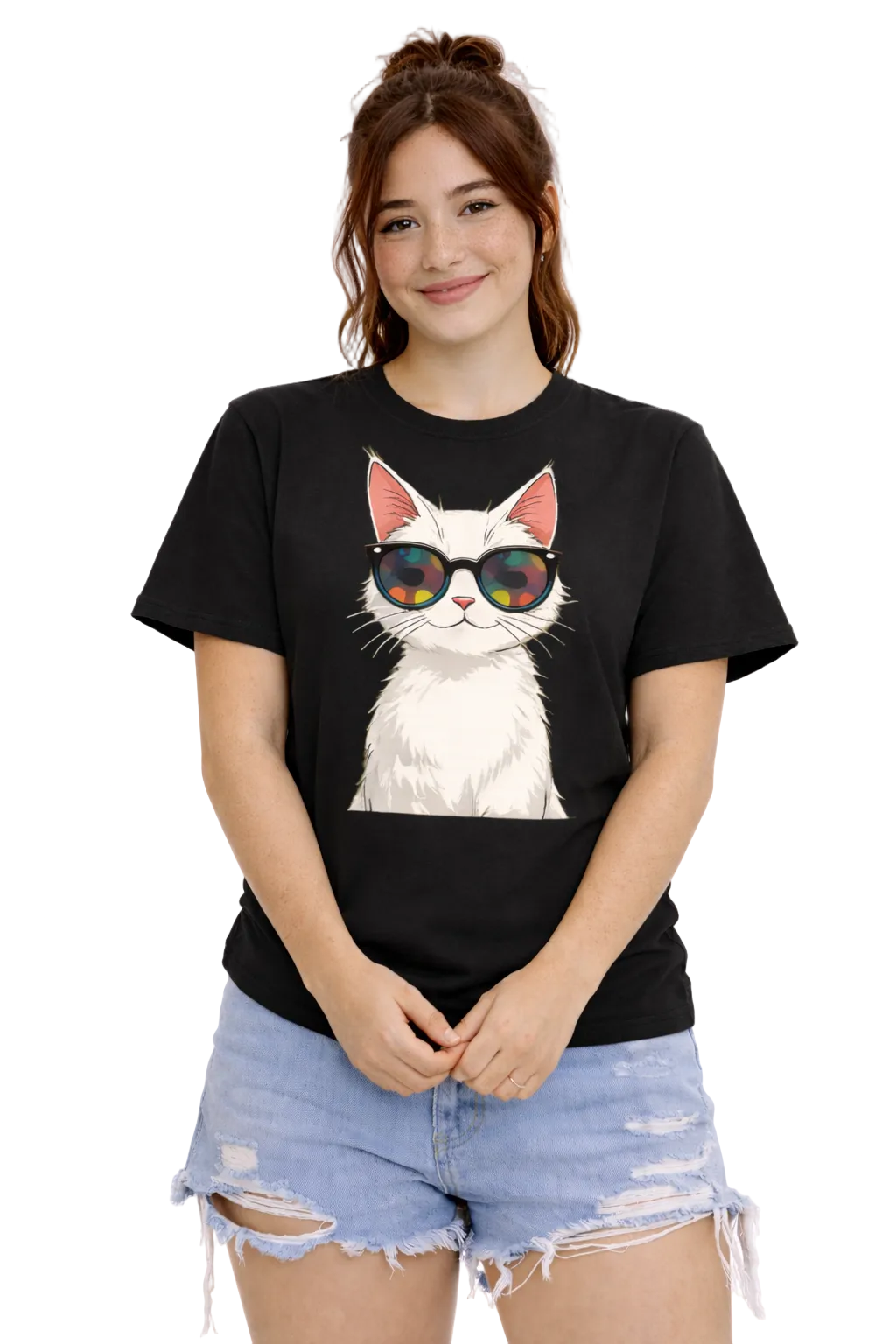 Person wearing a black t-shirt with a cat graphic and sunglasses on a white background