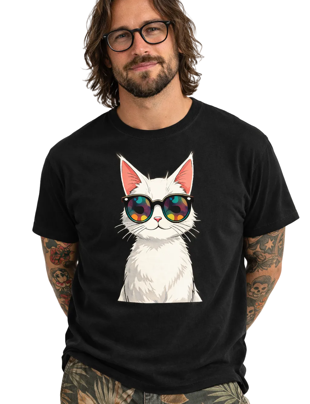 Man wearing a black t-shirt with a cat graphic and sunglasses on a white background