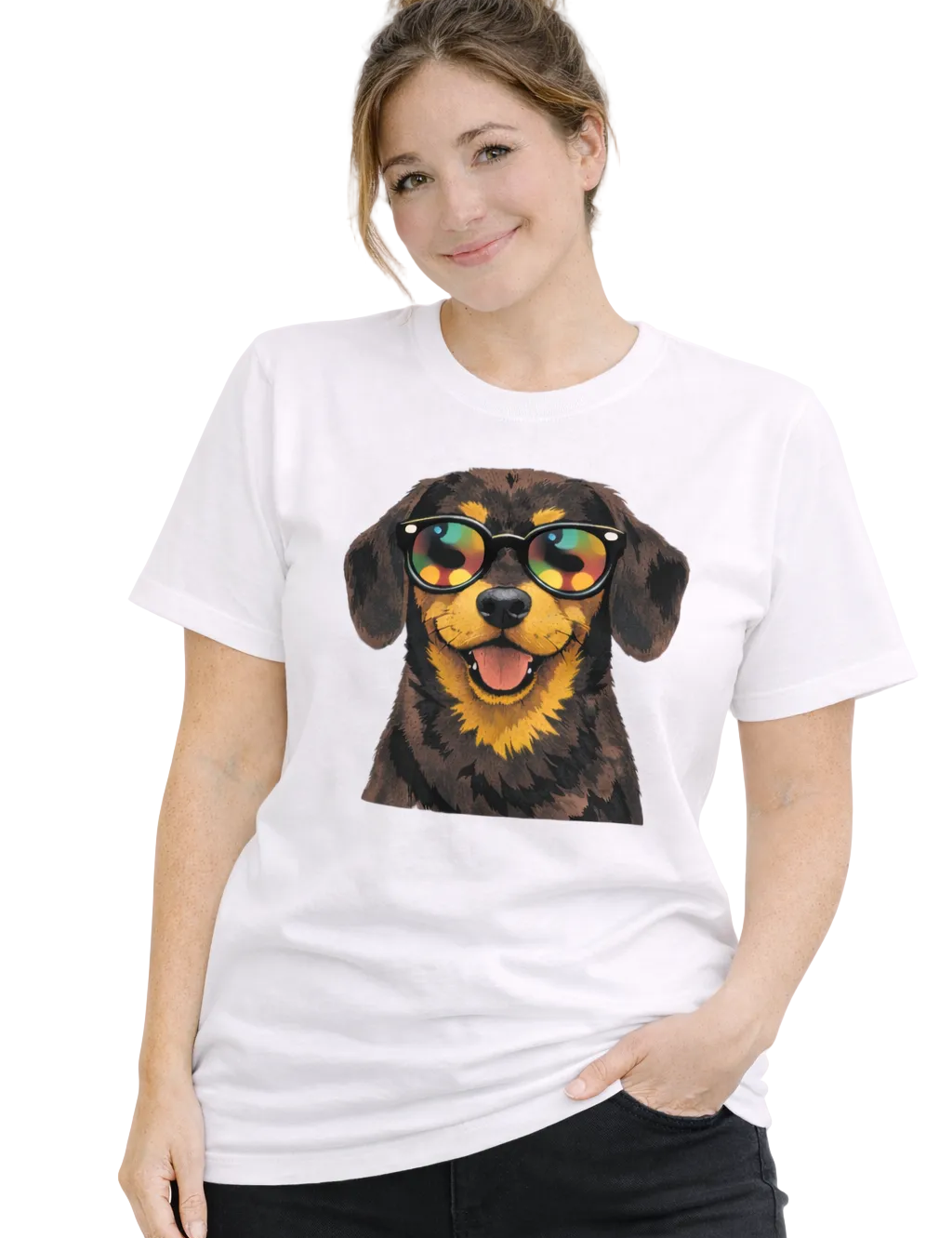 Person wearing a white t-shirt with a dog graphic and sunglasses design.
