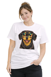 Person wearing a white t-shirt with a dog graphic and sunglasses design.
