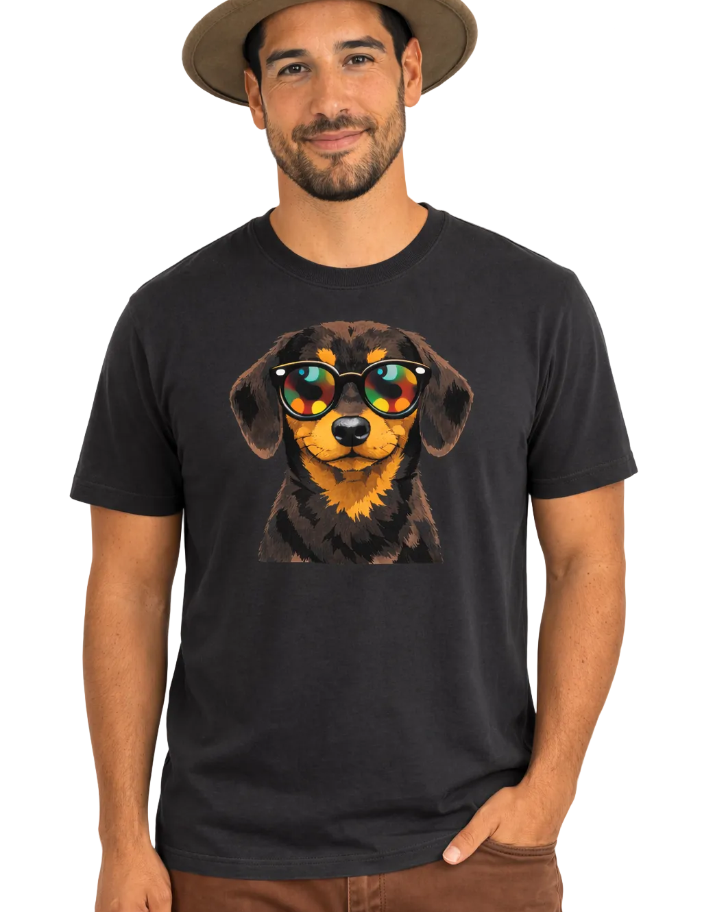 Man wearing a black t-shirt with a dachshund graphic and sunglasses on a white background
