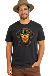 Man wearing a black t-shirt with a dachshund graphic and sunglasses on a white background
