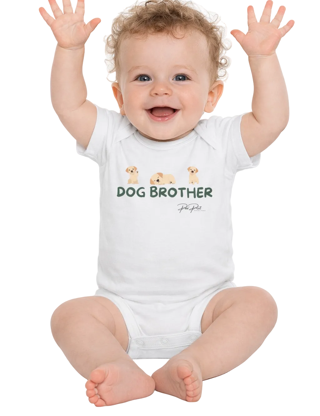 Baby wearing a white onesie with 'DOG BROTHER' text and cartoon dogs, sitting on a white background.