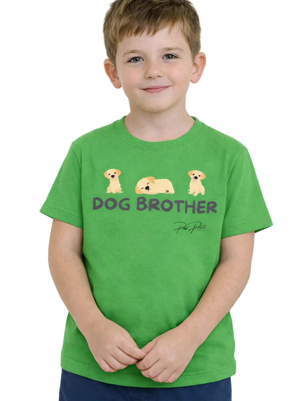Child wearing a green t-shirt with 'Dog Brother' text and dog illustrations on a white background