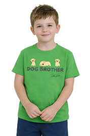 Child wearing a green t-shirt with 'Dog Brother' text and dog illustrations on a white background