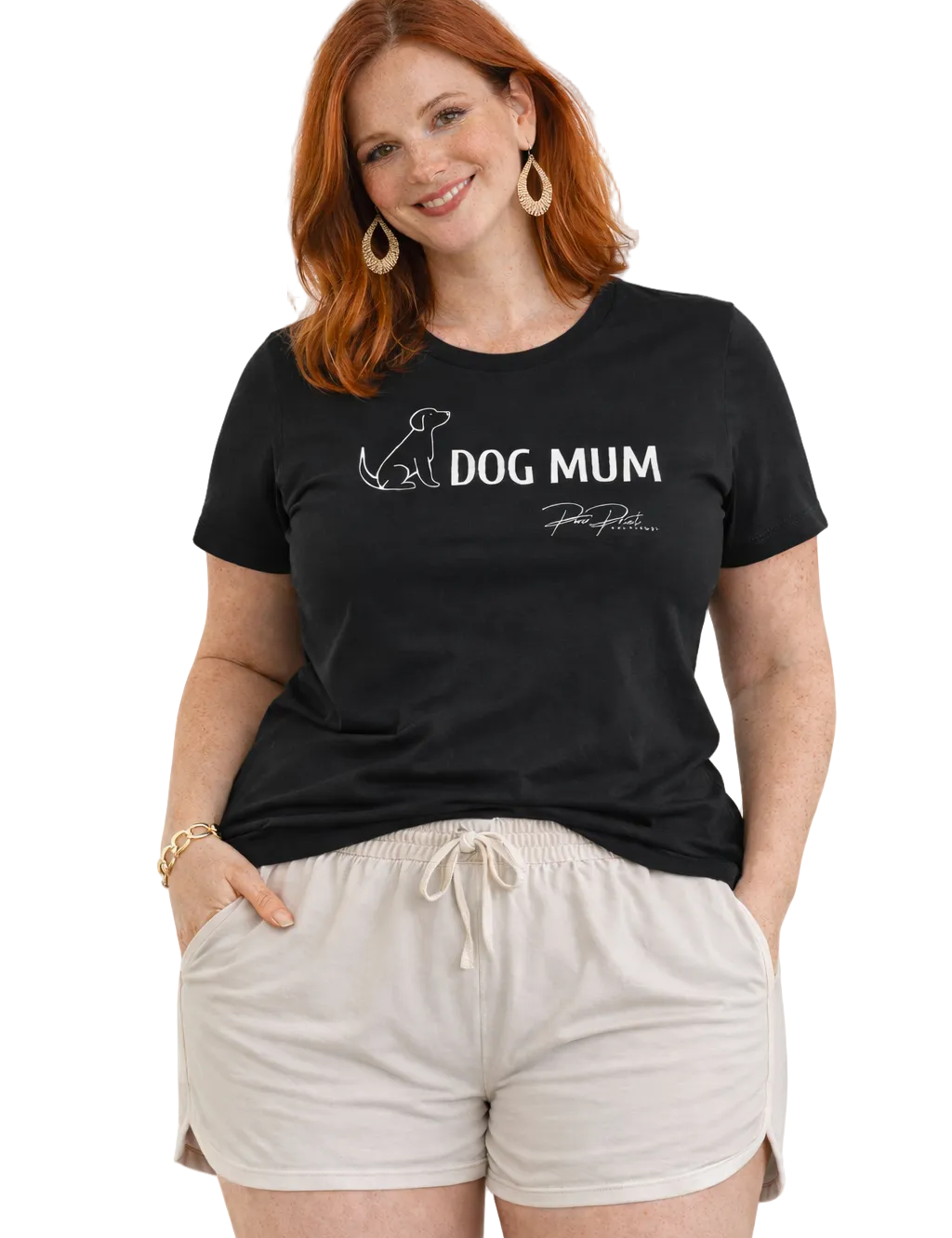 Woman wearing a black t-shirt with 'DOG MUM' text and a graphic of a dog.