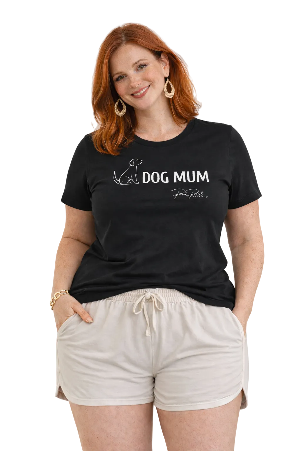 Woman wearing a black t-shirt with 'DOG MUM' text and a graphic of a dog.